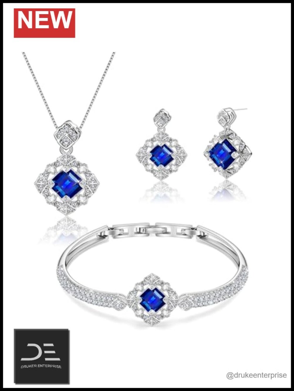 Crystal Jewelry Set Bracelet Necklace Earrings White Gold Plated for Women